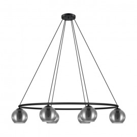 Eglo-Daguella six light pendant features black metal frame with black transparent glassware.